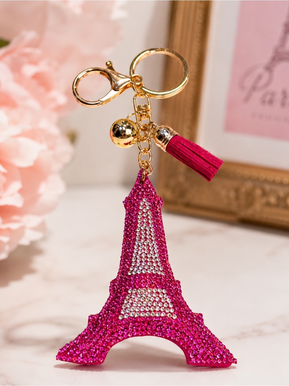 Pink Eiffel Tower‎ Keychain or Handbag Charm with Gold Accents